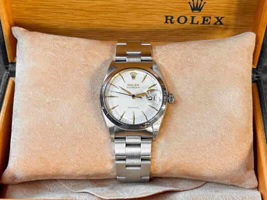 ROLEX 6694 OYSTERDATE 1960 - GOLD UND WEISSES DAIL - MIT ORIGINALVERPACKUNG UND STAHLARMBAND