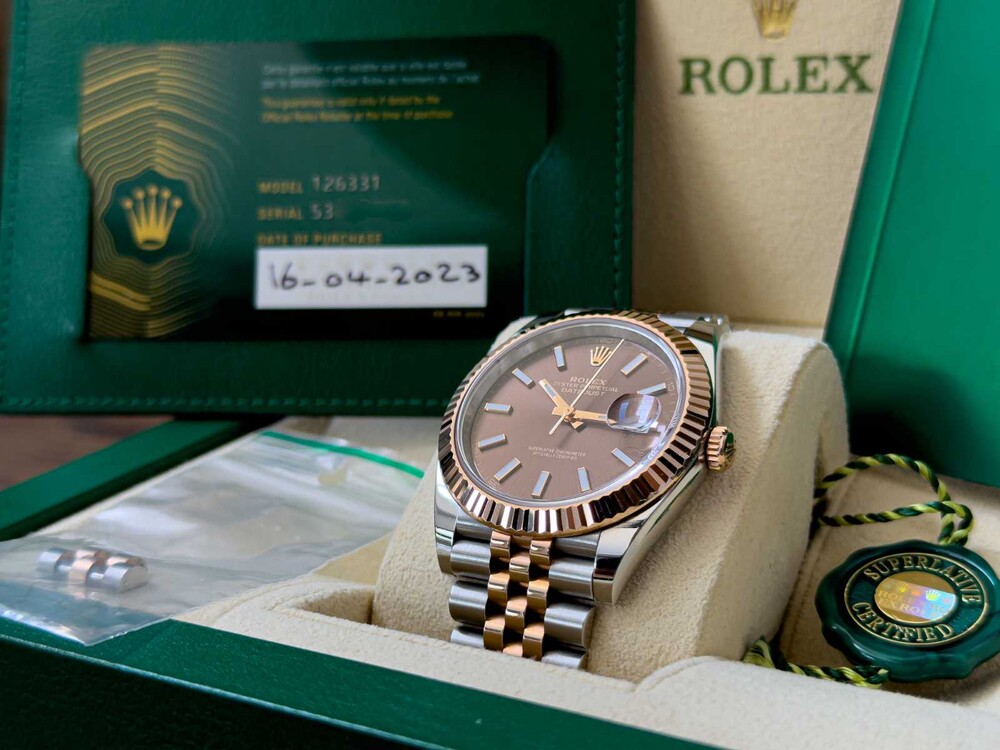 PHOTOS! B/M? Rolex Datejust 41 CHOCOLATE Everose-Gold Oyster 41mm Oystersteel Everose-Gold 126331 2023 WARRANTY 